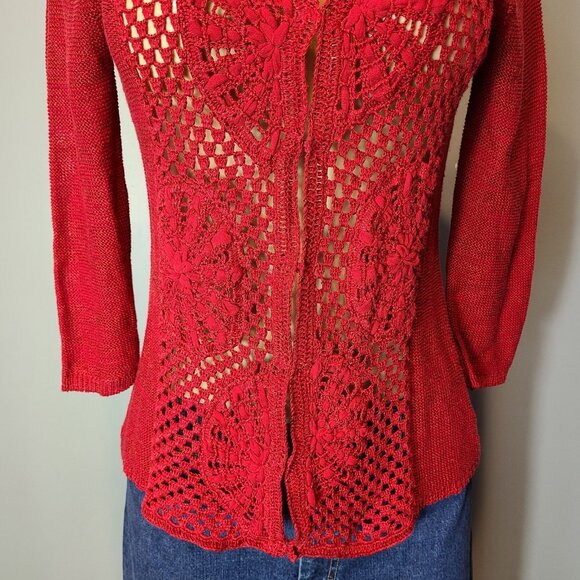 Vintage Jewel Red Parisian Open Knit Sweater Cottage Size Small Holiday Fairy - Picture 2 of 10